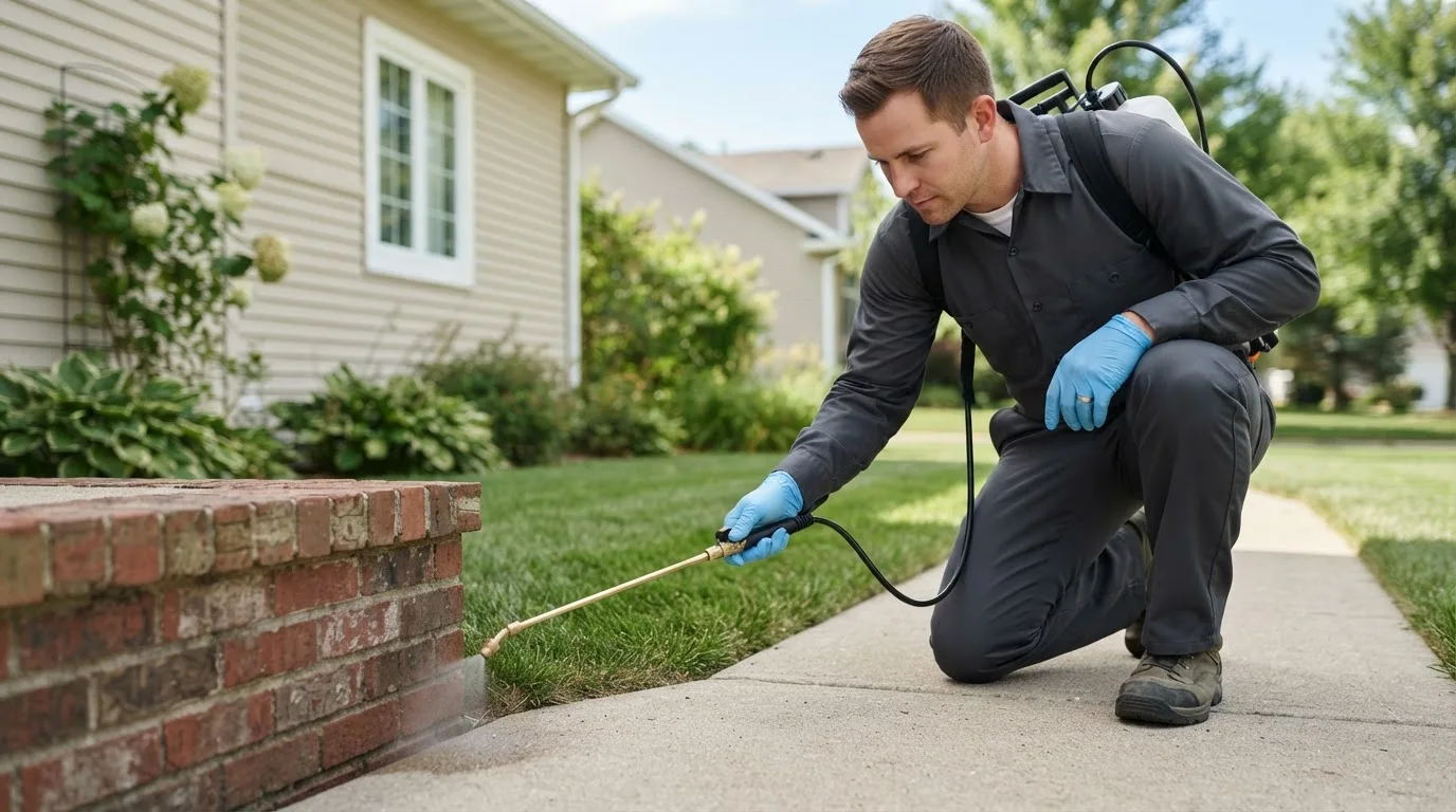 Pest control technician treating a home near Fair Oaks, IN