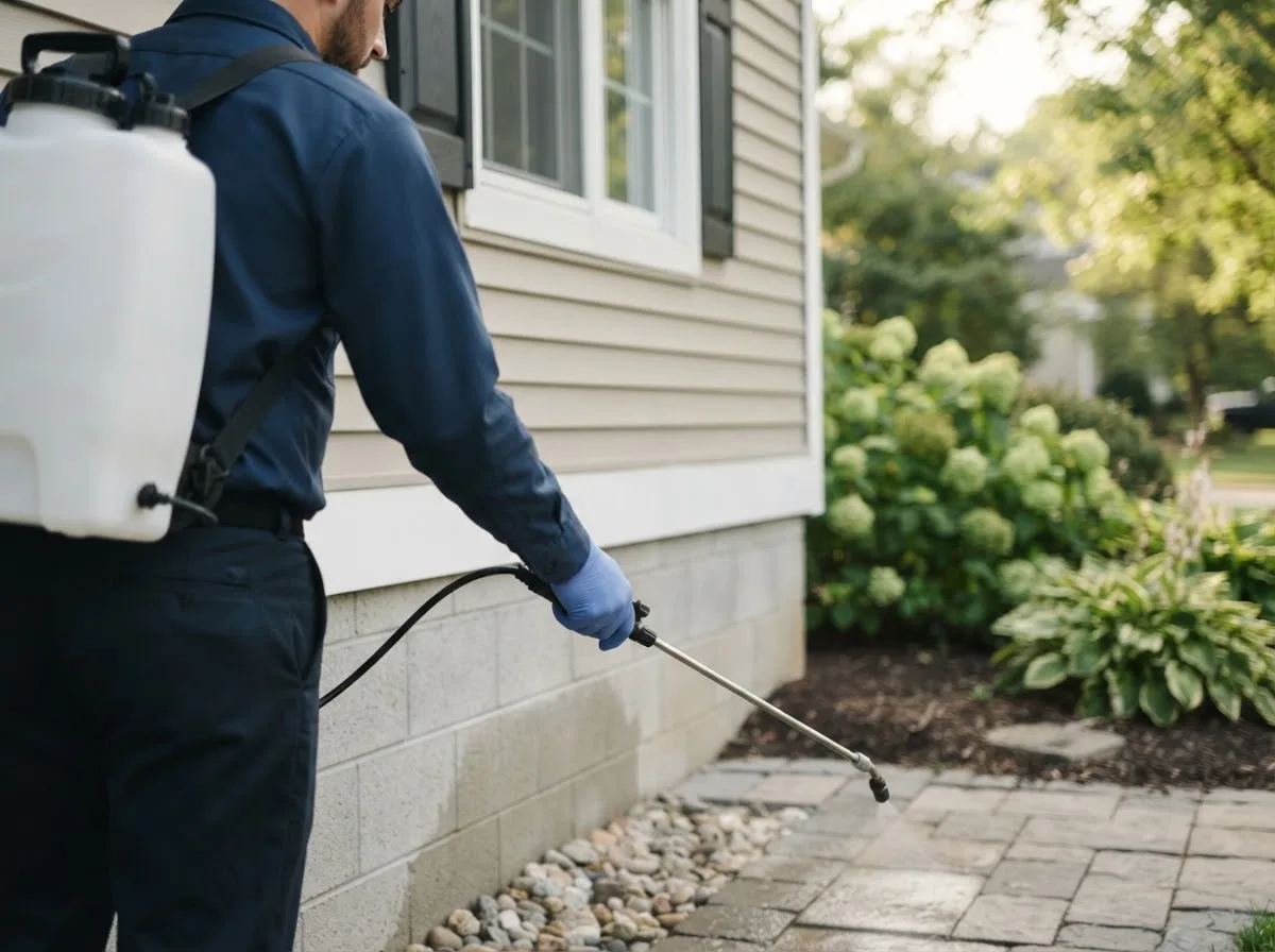 Pest control technician inspecting a home in Fair Oaks, IN